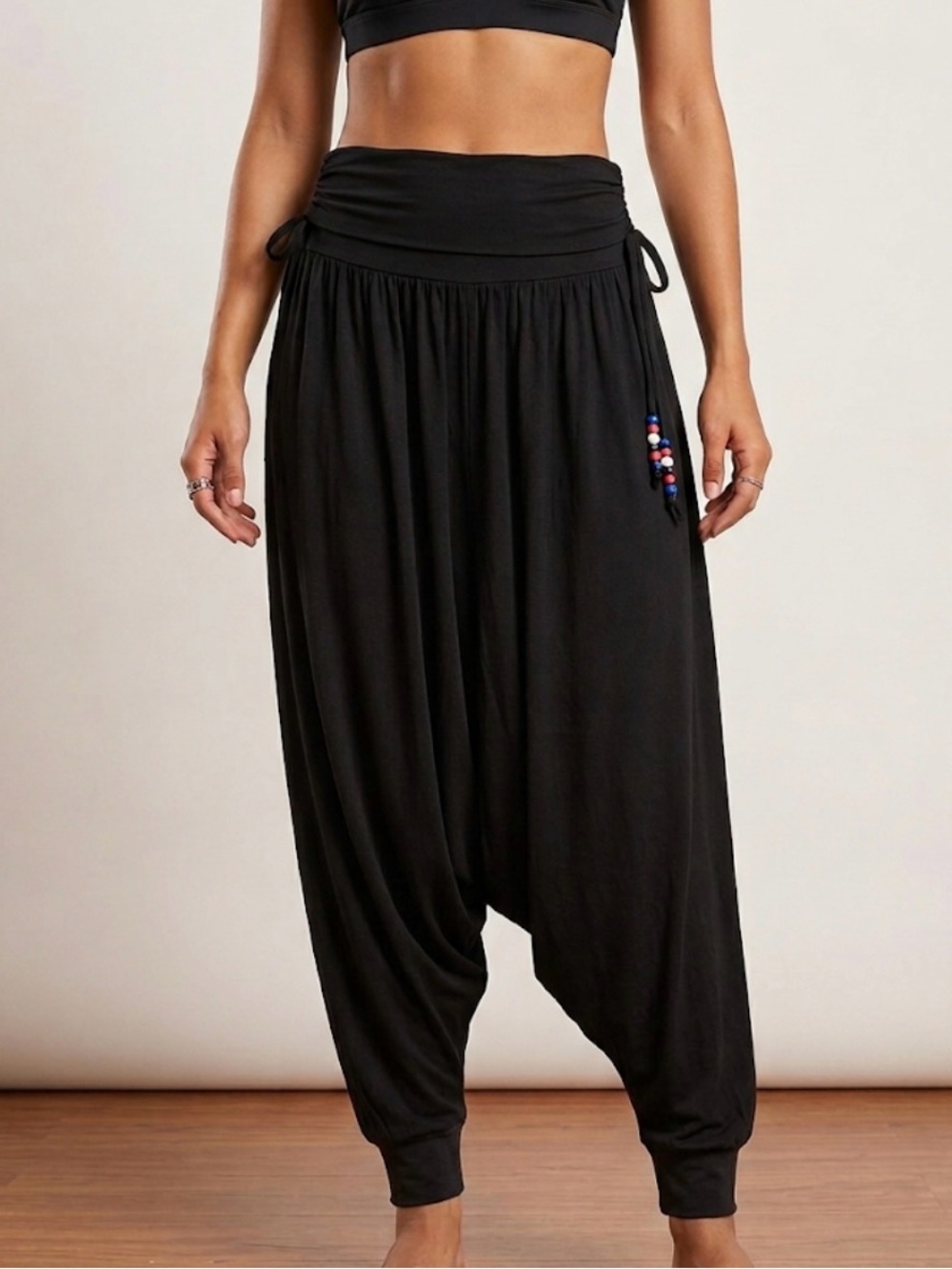 Black Harem Yoga Pants with Bead Detail - Women